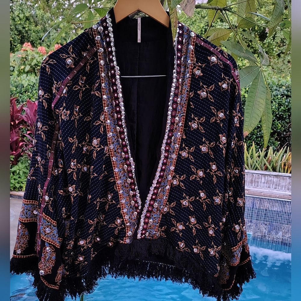 $128 NWT FREE PEOPLE RAYS OF LIGHT BOHO-CHIC GYPSY EMBELLISH KIMONO JACKET Sz XS - Picture 6 of 11